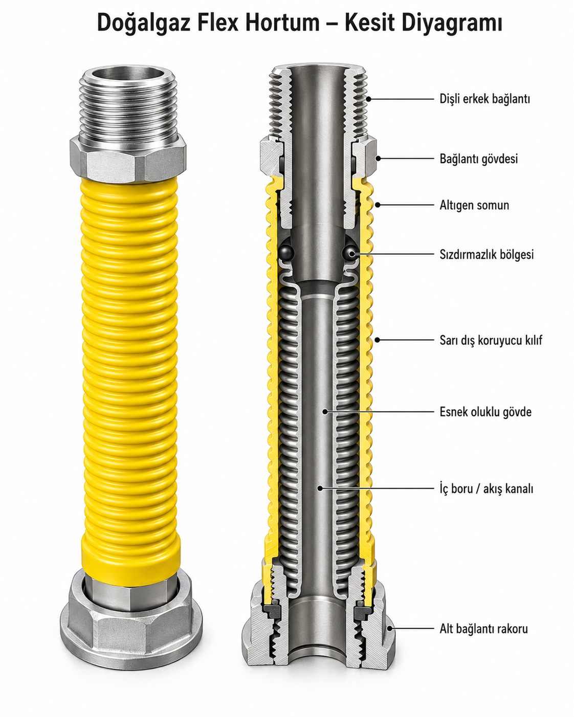Doğalgaz flex hortum — kesit / ölçü diyagramı
